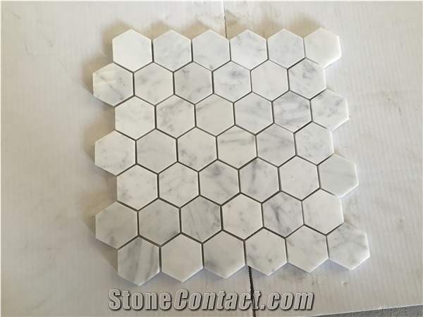 Bianco Carrara Marble Hexagon Mosaic Sheet, Cararra White Hexagon Mosaic, Polished Mosaic Tile Bathroom Wall