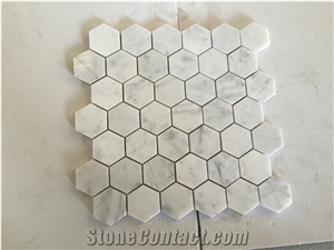 Bianco Carrara Marble Hexagon Mosaic Sheet, Cararra White Hexagon Mosaic, Polished Mosaic Tile Bathroom Wall