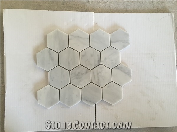 Bianco Carrara Marble Hexagon Mosaic Sheet, Cararra White Hexagon Mosaic, Polished Mosaic Tile Bathroom Wall