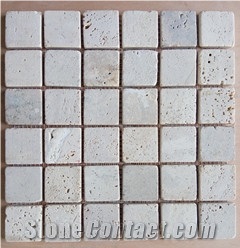 New Design Beige Tumbled Travertine Cubic Mosaic Tile