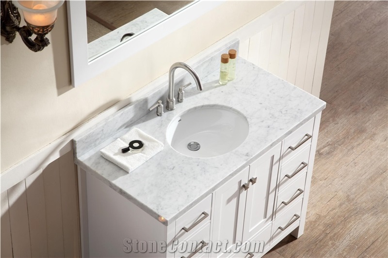 Italy Carrara White Marble Bath Vanity Countertops with Pre-Attached White Ceramic Sinks