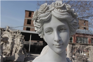 Pure White Marble Polishing Sculpture Of Western Girl Flower Goddess