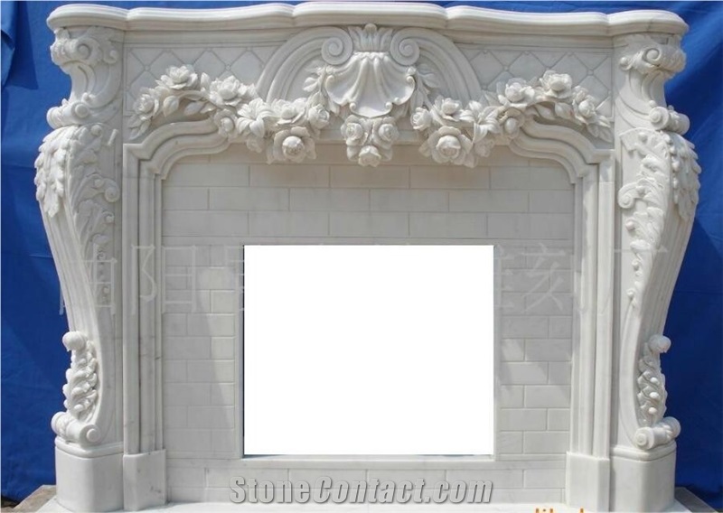 White Marble Carving Fireplace Mantel Surround Full Set with Hearth and Backpanel Low Price