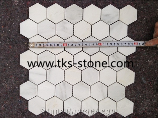 Italy Bianco Carrara White Marble Mosaic Tiles, Hexagon Mosaic, Dynaty Oriental White Marble Polished Mosaic