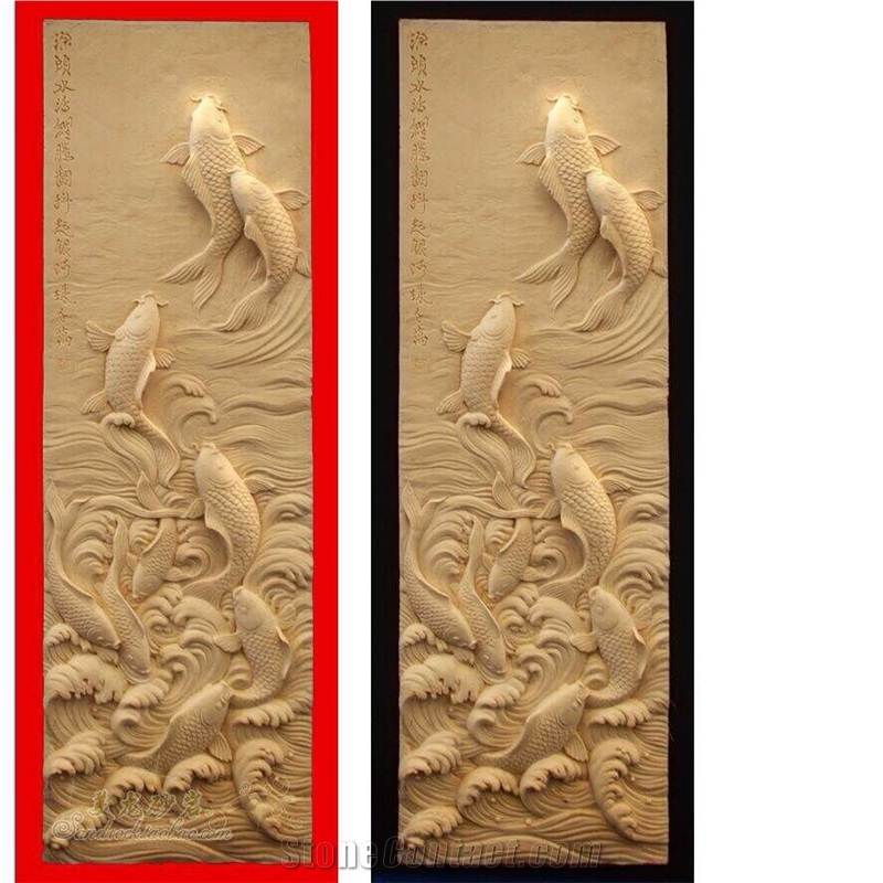 Asian Style Handcarved Yellow Sandstone Relief/ Walling Reliefs /Engravings