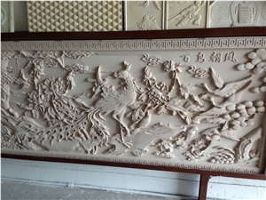 Asian Style Handcarved Yellow Sandstone Relief/ Walling Reliefs /Engravings