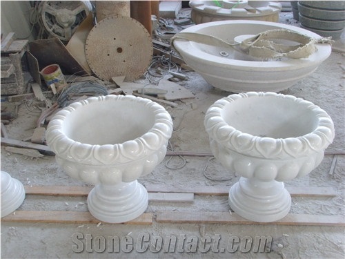 Han White Jade White Marble Handcarved Sculptured Exterior Flower Pot/ Flower Stand Street Stone
