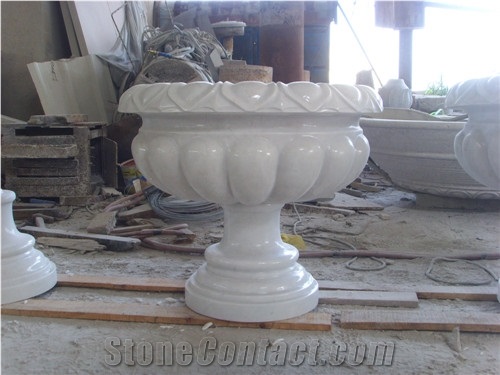 Han White Jade White Marble Handcarved Sculptured Exterior Flower Pot/ Flower Stand Street Stone