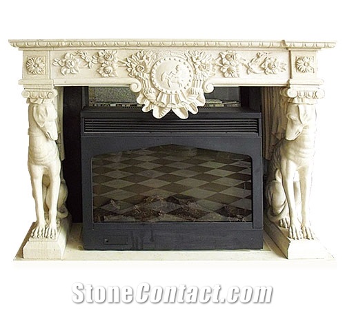 Handcarved Flower Beige Limestone Fireplace Decorating/ Interior Building Stone/ Fireplace Mantel