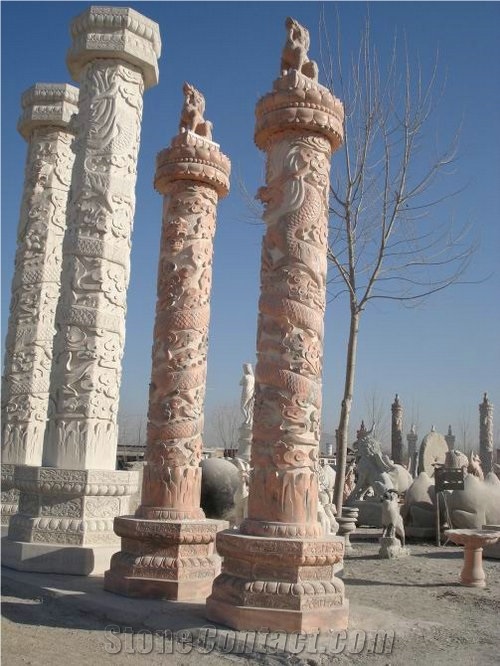 Red Marble Handcarved Sculptured Columns/Asian Style Columns