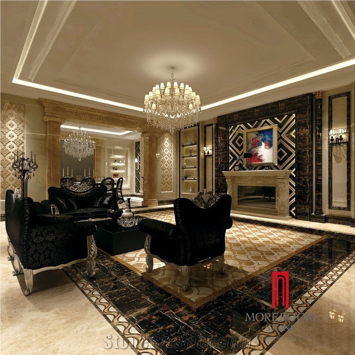 Rustic Glazed Wall Design Black Ceramic Tile 600x600 with Gold Vein