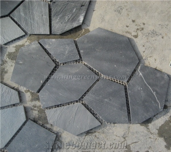 China Black Slate Flagstone, Slate Random Flagstone, Black Slate Irregular Flagstones, Flagstone Driveway and Walkway Pavers, Xiamen Winggreen Manufacturer