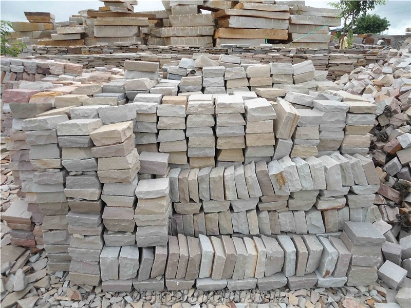 Sandstone Multi Yellow Cobbles, Cube Stone, Pavers