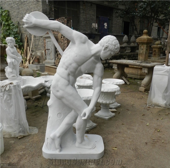 Hand Carved White Marble Stone Human Statues,Western Style Throw Discus Statues