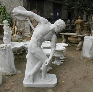 Hand Carved White Marble Stone Human Statues,Western Style Throw Discus Statues