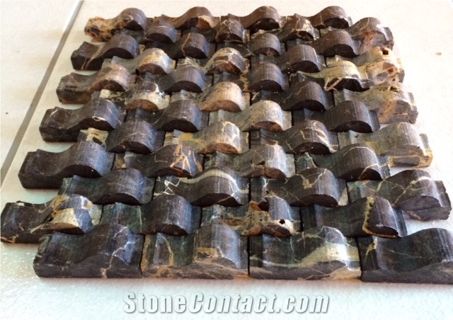 Natural Coral Stone and Portoro Marble Waves Mosaic