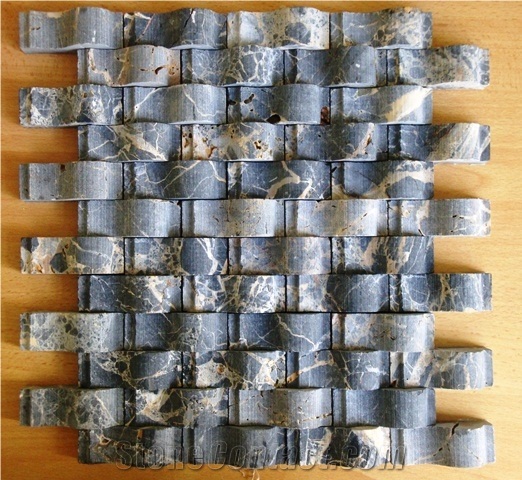 Natural Coral Stone and Portoro Marble Waves Mosaic