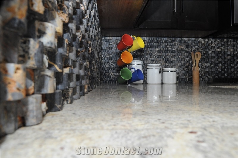 Natural Coral Stone and Portoro Marble Waves Mosaic