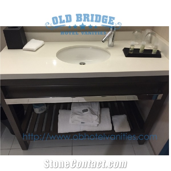 Quality Hotel Quartz Stone Vanity Top with Wooden Vanity Base