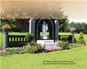 Jet Black Granite Estate Monument Hand Carved Granite Statue in Center