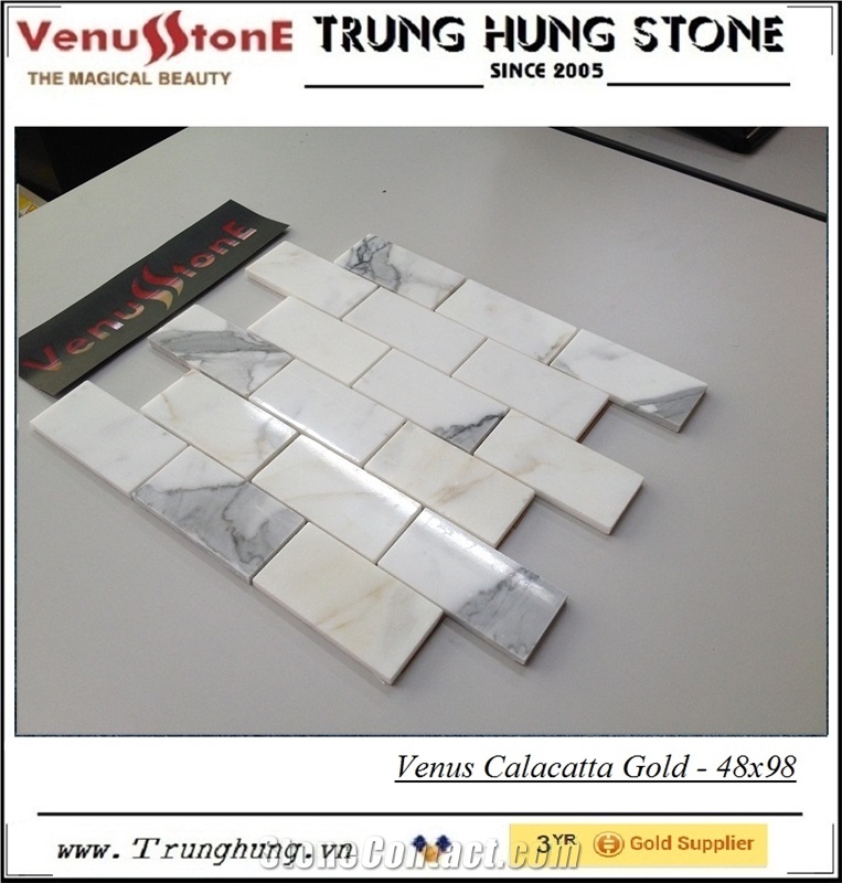 48*98 Calacatta Gold Polished Marble Mosaic Tiles, White Marblr Wall Mosaic Italy