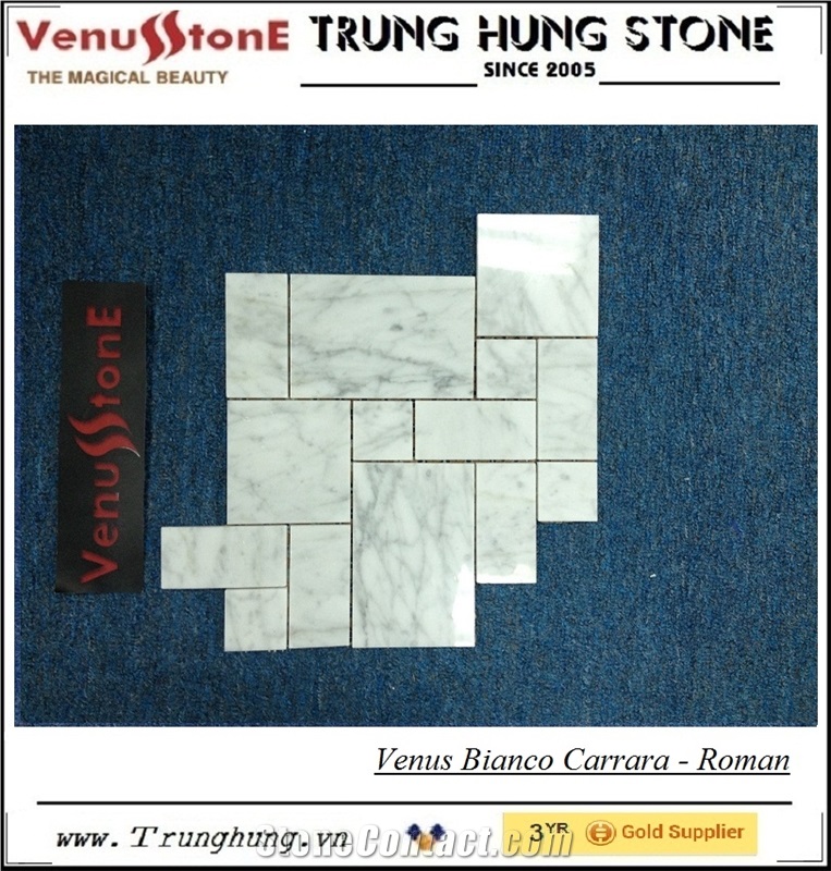 Bianco Carrara Polished Roman Pattern Mosaic Tiles, White Marble Wall Mosaic Italy