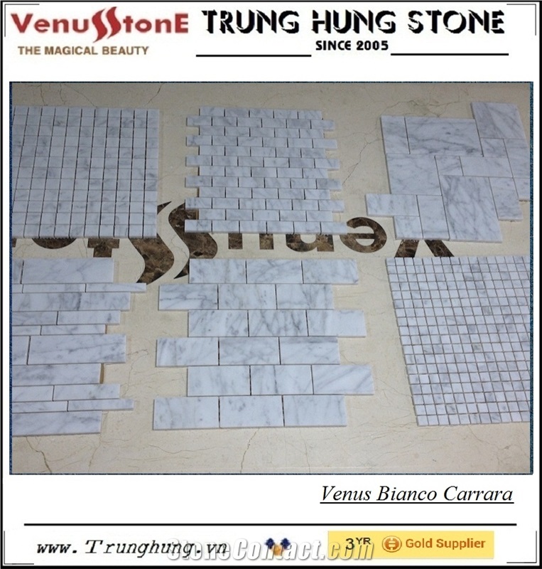 Bianco Carrara Polished Roman Pattern Mosaic Tiles, White Marble Wall Mosaic Italy