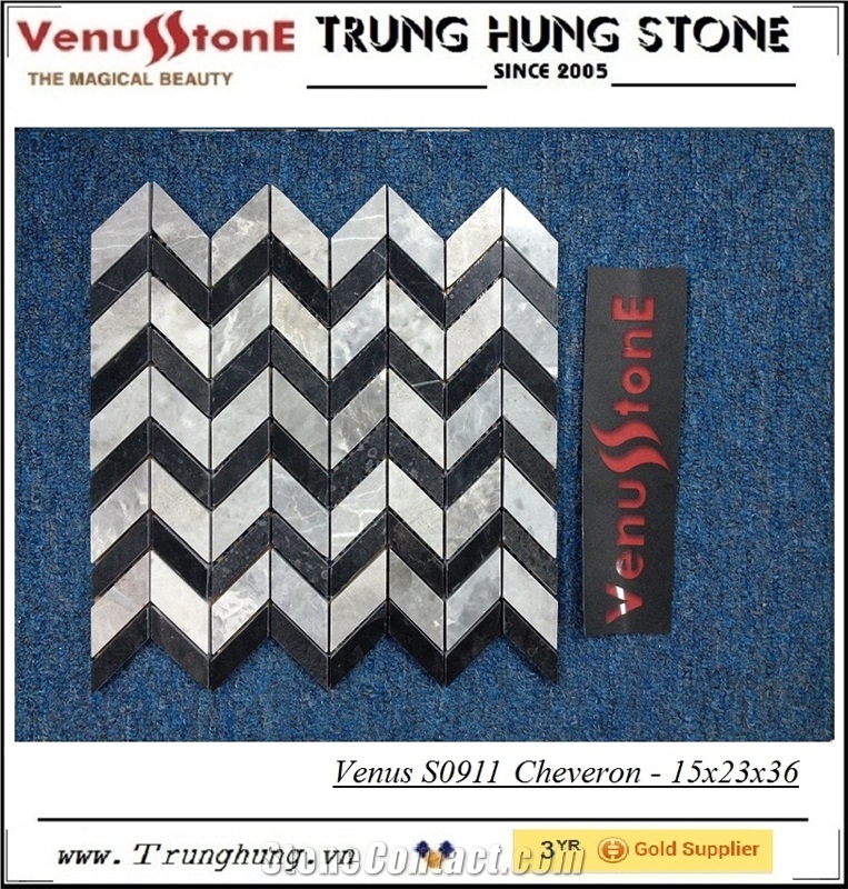 Black and Grey Cheveron Polished Marble Mosaic Tiles, Floor Mosaic, Wall Mosaic