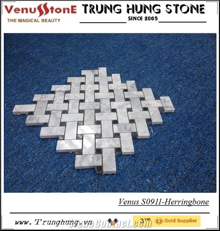 Black and Grey Marble Herringbone Pattern Polished Mosaic Tiles