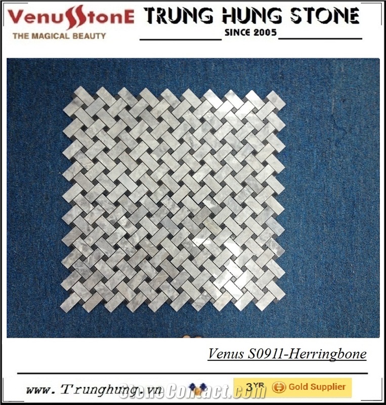 Black and Grey Marble Herringbone Pattern Polished Mosaic Tiles