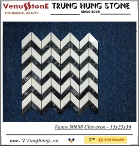 Black and White Cheveron Polished Marble Mosaic Tiles, Vietnam Eddy Black & Milk White Marble Mosaic