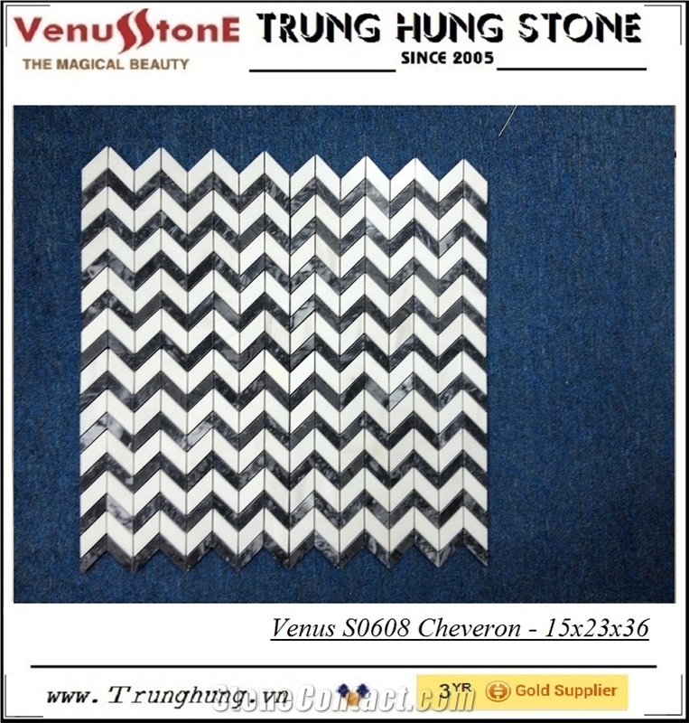 Black and White Cheveron Polished Marble Mosaic Tiles, Vietnam Eddy Black & Milk White Marble Mosaic