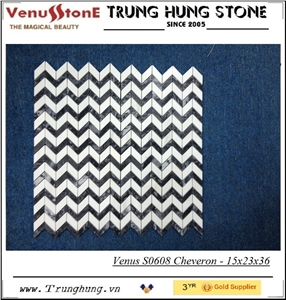 Black and White Cheveron Polished Marble Mosaic Tiles, Vietnam Eddy Black & Milk White Marble Mosaic