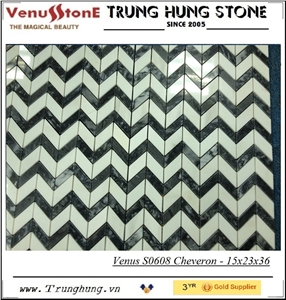 Black and White Cheveron Polished Marble Mosaic Tiles, Vietnam Eddy Black & Milk White Marble Mosaic