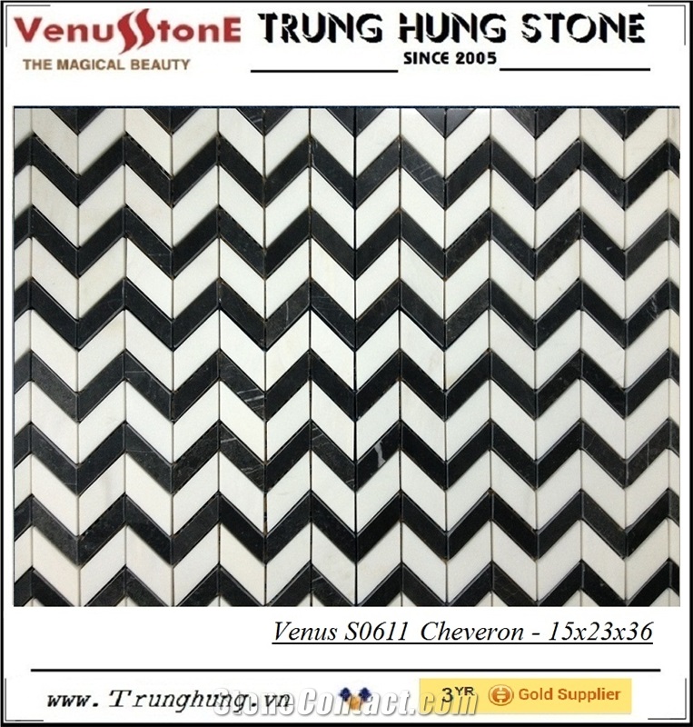 Black and White Cheveron Polished Marble Mosaic Tiles, Vietnam Eddy Black & Milk White Marble Mosaic