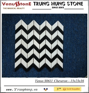 Black and White Cheveron Polished Marble Mosaic Tiles, Vietnam Eddy Black & Milk White Marble Mosaic