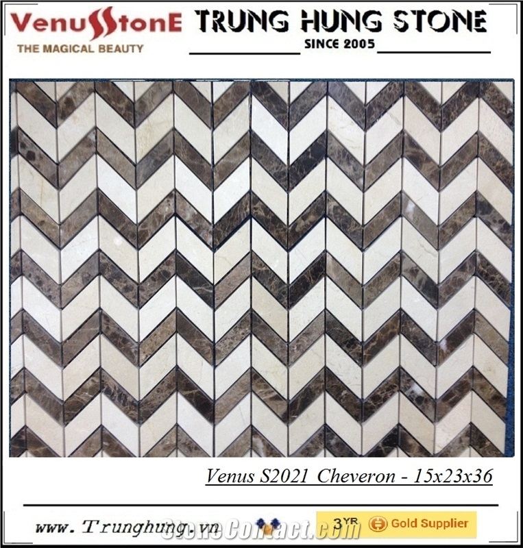 Crema Marfil and Dark Emperador Cheveron Polished Marble Mosaic Tiles, Wall Mosaic