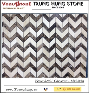 Crema Marfil and Dark Emperador Cheveron Polished Marble Mosaic Tiles, Wall Mosaic