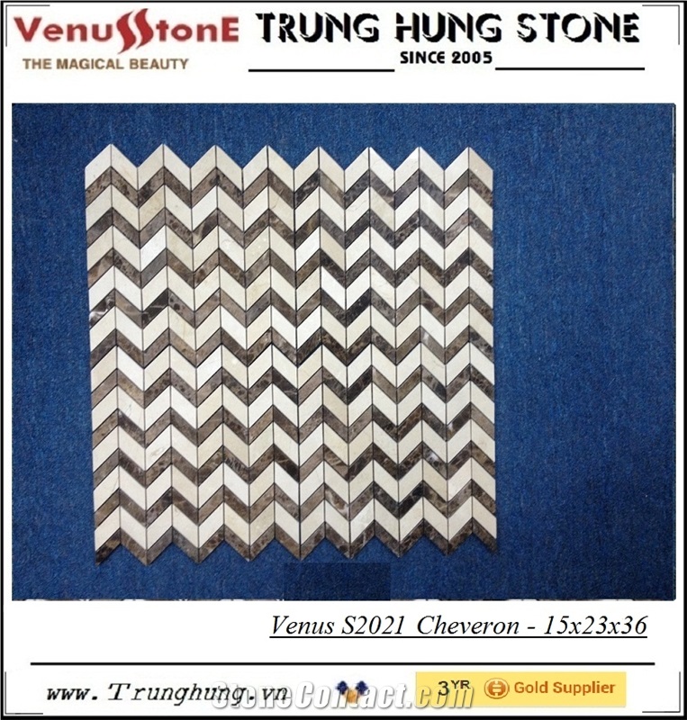 Crema Marfil and Dark Emperador Cheveron Polished Marble Mosaic Tiles, Wall Mosaic