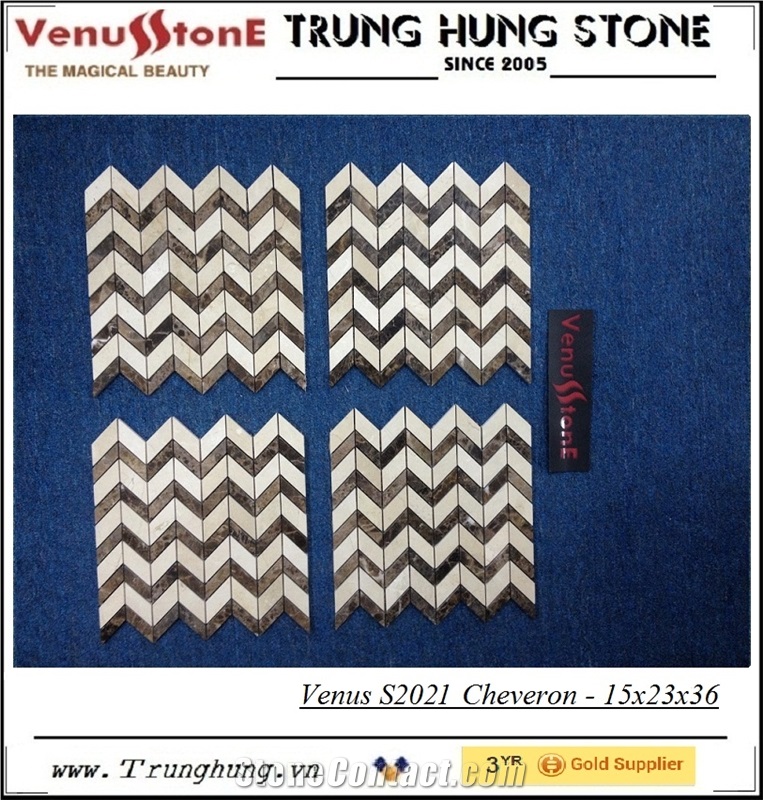 Crema Marfil and Dark Emperador Cheveron Polished Marble Mosaic Tiles, Wall Mosaic