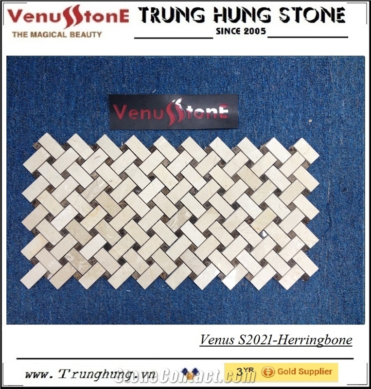 Crema Marfil and Dark Emperador Marble Herringbone Pattern Polished Mosaic Tiles