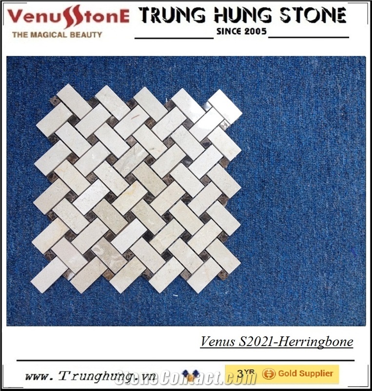 Crema Marfil and Dark Emperador Marble Herringbone Pattern Polished Mosaic Tiles