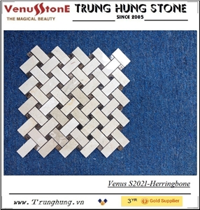 Crema Marfil and Dark Emperador Marble Herringbone Pattern Polished Mosaic Tiles