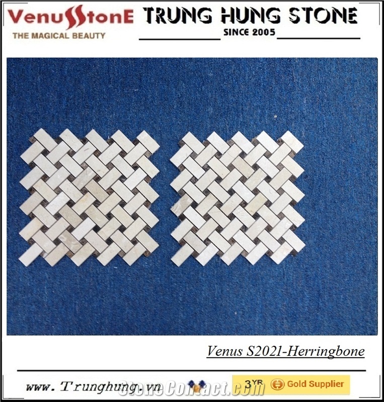 Crema Marfil and Dark Emperador Marble Herringbone Pattern Polished Mosaic Tiles