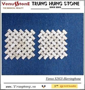 Crema Marfil and Dark Emperador Marble Herringbone Pattern Polished Mosaic Tiles