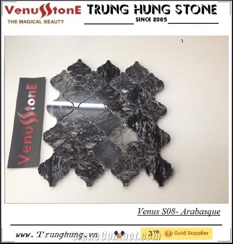 Eddy Black Polished Arabesque Pattern Mosaic Tiles, Black Marble Floor Mosaic
