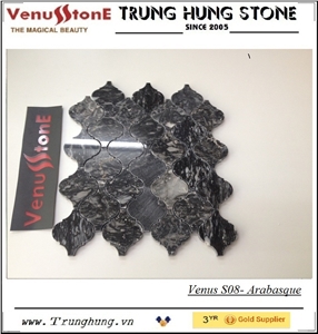 Eddy Black Polished Arabesque Pattern Mosaic Tiles, Black Marble Floor Mosaic