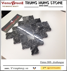 Eddy Black Polished Arabesque Pattern Mosaic Tiles, Black Marble Floor Mosaic