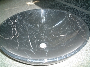 Natural Stone Marble Bathroom Wash Sinks, Kitchen Vessel Round Basins, Black Marble Sink, Outdoor & Indoor Polished Surface Wash Bowls Basins