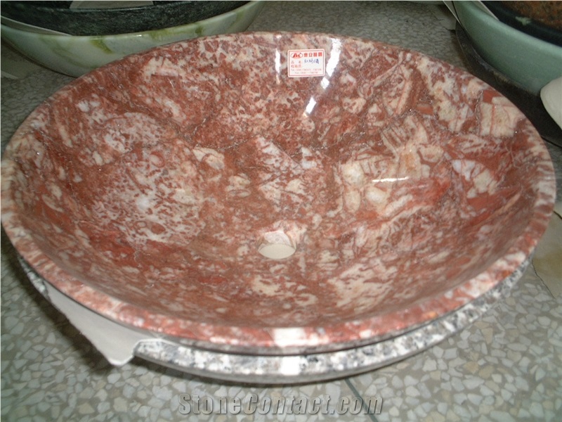 Natural Stone Marble Bathroom Wash Sinks, Kitchen Vessel Round Basins, Red Marble Sink, Outdoor & Indoor Polished Surface Wash Bowls Basins